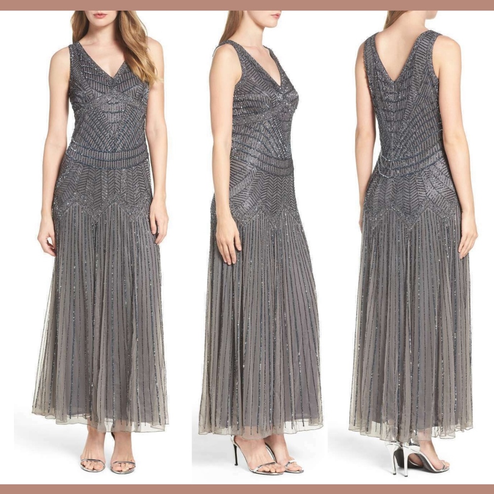 NEW Pisarro Nights Embellished Beaded‎ Mesh Gown Dress Grey [SZ 6 ]